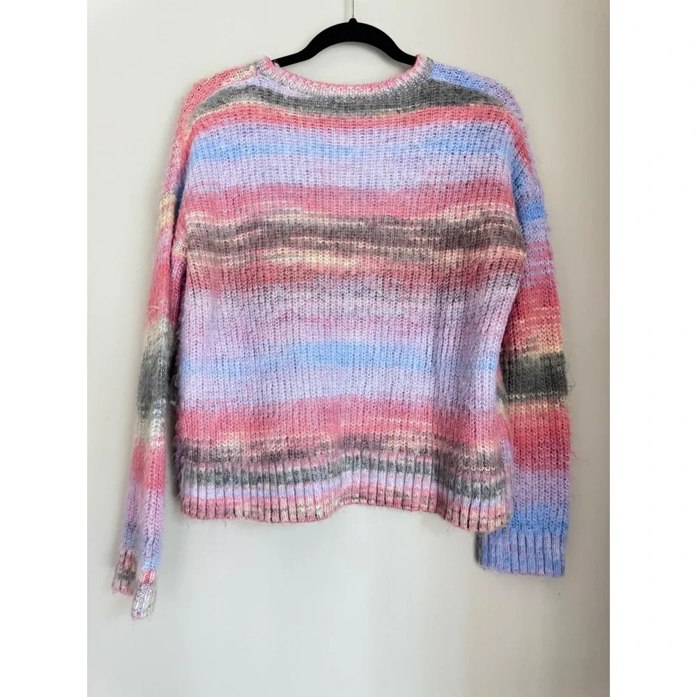 Lisa Todd Womens XS Space Dye Striped Crewneck Sweater Pink Blue Wool Blend Knit